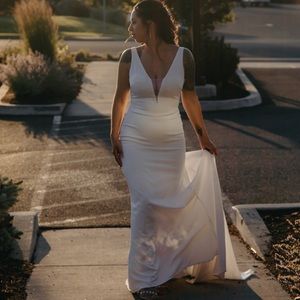 White Azazie mermaid stretch crepe chapel train wedding dress size 8